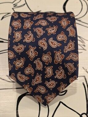 Bloomingdales The Mens Store Vintage Silk Paisley Tie Navy Orange White 57x3